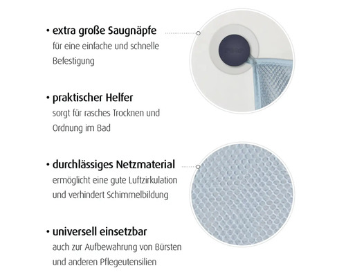 Filet de rangement pour salle de bain avec ventouses extra larges et matériau en maille perméable pour une bonne circulation de l'air.