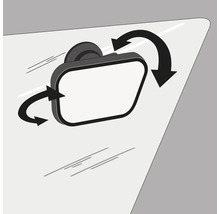 Verstellbarer Autospiegel mit Saugnapfhalterung, Pfeile zeigen Dreh- und Neigefunktion.