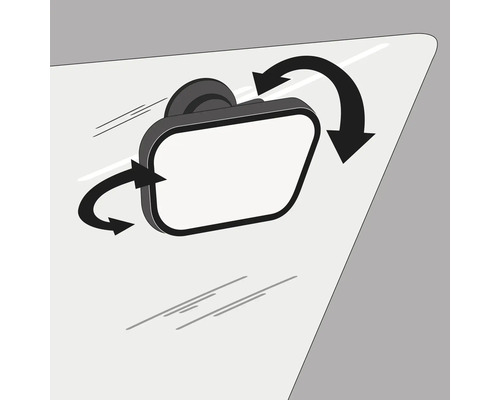 Verstellbarer Autospiegel mit Saugnapfhalterung, Pfeile zeigen Dreh- und Neigefunktion.