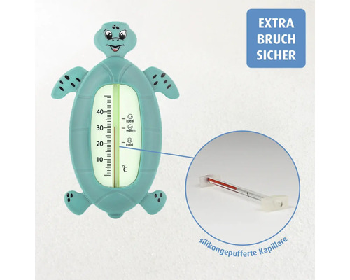 Badethermometer in Schildkrötenform, extra bruchsicher durch silikongepufferte Kapillare, Anzeige von null bis 40 Grad Celsius.