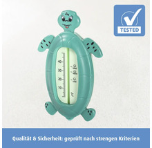 Badethermometer in Schildkrötenform aus Kunststoff mit Temperaturanzeige von 10 bis 40 Grad Celsius und Qualitätssiegel.