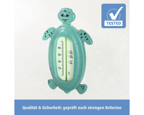 Badethermometer in Schildkrötenform aus Kunststoff mit Temperaturanzeige von 10 bis 40 Grad Celsius und Qualitätssiegel.
