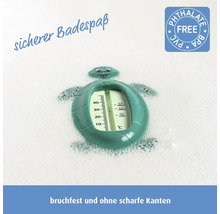 Badethermometer in Schildkrötenform, bruchfest, ohne scharfe Kanten, Skala von 10 bis 40 Grad Celsius, phthalatfrei, PVC-frei und BPA-frei.