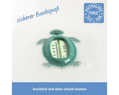 Badethermometer in Schildkrötenform, bruchfest, ohne scharfe Kanten, Skala von 10 bis 40 Grad Celsius, phthalatfrei, PVC-frei und BPA-frei.