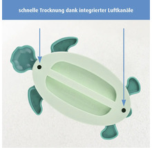 Unterseite eines schildkrötenförmigen Produkts mit zwei integrierten Luftkanälen für schnelle Trocknung, markiert durch Pfeile.