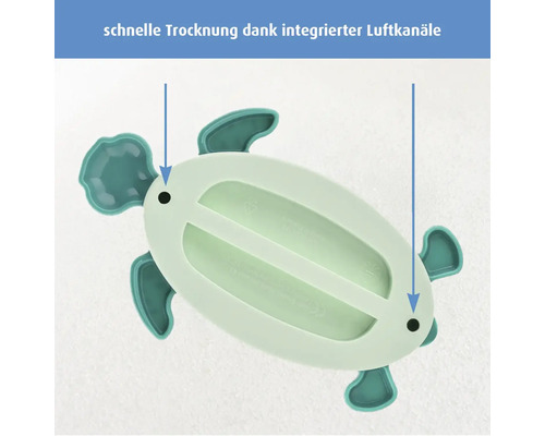 Unterseite eines schildkrötenförmigen Produkts mit zwei integrierten Luftkanälen für schnelle Trocknung, markiert durch Pfeile.