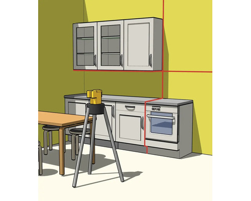 Laser à lignes croisées sur trépied pour l'alignement des éléments de cuisine avec lignes laser rouges projetées sur le mur.