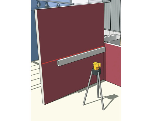 Laser à lignes croisées sur trépied projetant une ligne horizontale sur un mur pour l'alignement d'un profilé métallique.