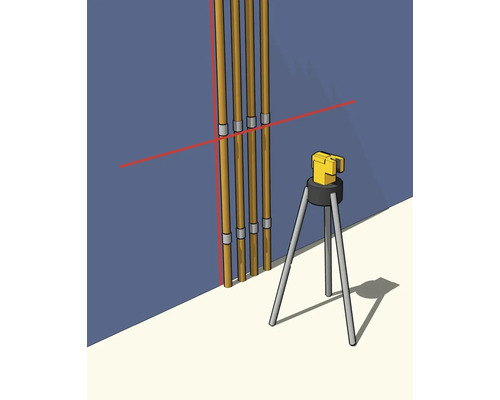 Laser à lignes croisées sur trépied projetant des lignes laser rouges pour l'alignement de tuyaux verticaux sur un mur.
