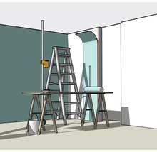 Illustration de la rénovation d'une pièce avec échelle, établi et un laser projetant une ligne verticale pour la pose de papier peint.