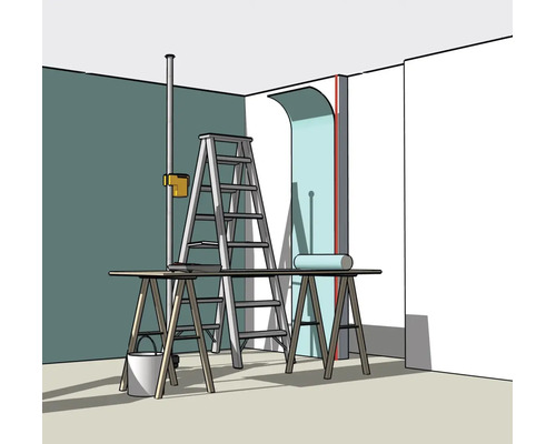 Illustration de la rénovation d'une pièce avec échelle, établi et un laser projetant une ligne verticale pour la pose de papier peint.