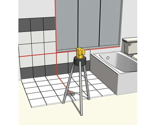 Laser à lignes croisées sur trépied dans la salle de bain pour l'alignement horizontal et vertical des carreaux muraux et de sol.