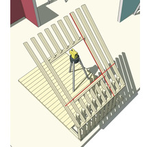 Un laser rotatif jaune sur un trépied projette des lignes d'alignement rouges sur une charpente en bois.