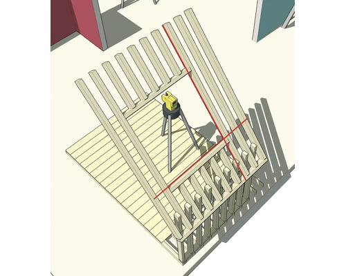 Un laser rotatif jaune sur un trépied projette des lignes d'alignement rouges sur une charpente en bois.
