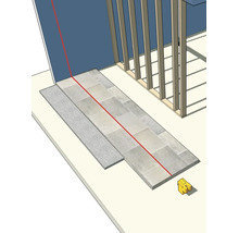 Visualisation d une ligne laser rouge d un laser lignes pour l alignement de carreaux de sol a cote d une ossature murale.