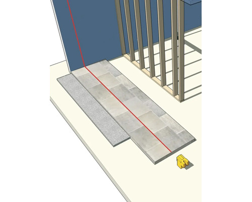 Visualisation d une ligne laser rouge d un laser lignes pour l alignement de carreaux de sol a cote d une ossature murale.