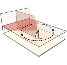 Niveau laser en croix sur trépied avec projection laser horizontale à 360 degrés et verticale dans une pièce.