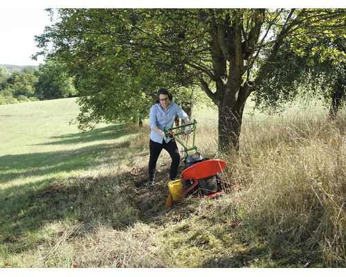 Un homme utilise une motofaucheuse dans une prairie avec de l'herbe haute sous un arbre.