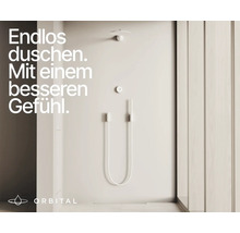 Système de douche minimaliste avec douche de tête, douchette à main et thermostat circulaire. Logo Orbital.