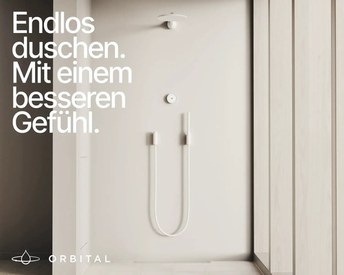 Système de douche minimaliste avec douche de tête, douchette à main et thermostat circulaire. Logo Orbital.