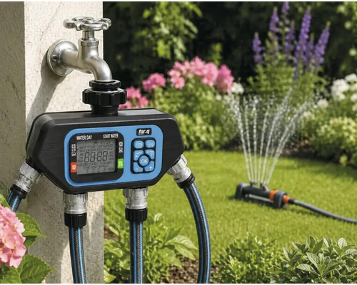 Programmateur d'arrosage numérique for.q sur un robinet extérieur avec tuyaux d'arrosage raccordés et arroseur de pelouse actif dans le jardin.