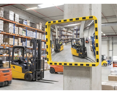 Rechteckiger Industriespiegel mit gelb-schwarzem Warnrand an einer Betonsäule in einem Lager mit Gabelstaplern.