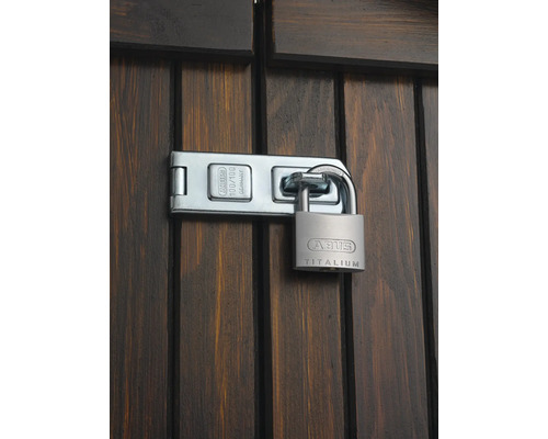 Moraillon ABUS avec cadenas Titalium monté sur une porte en bois pour sécuriser la fermeture.