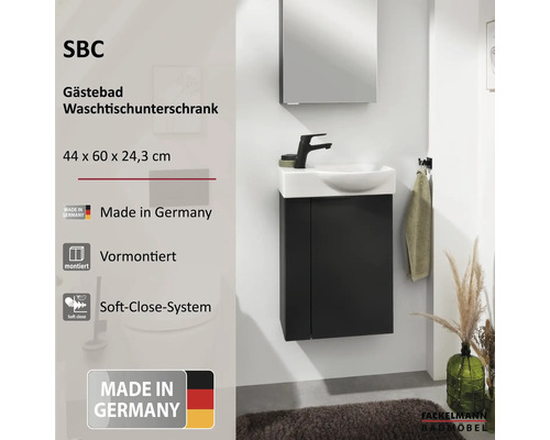 SBC Gästebad Waschtischunterschrank mit Waschbecken und Armatur, 44 mal 60 mal 24,3 Zentimeter, vormontiert, Soft-Close, Hergestellt in Deutschland.