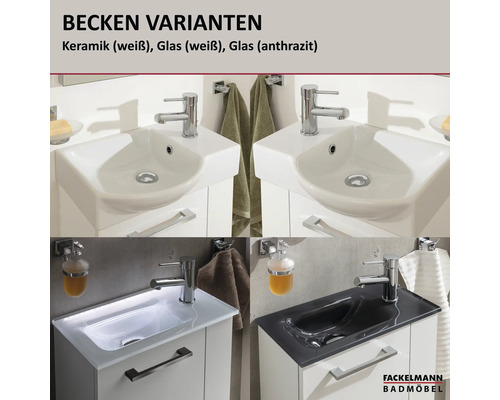 Waschbecken-Varianten für Badmöbel aus Keramik und Glas in Weiß und Anthrazit mit Armaturen, Unterschränken und Fackelmann Badmöbel Logo.