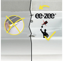 Vergleich der Waschbeckenmontage: links Abdichten mit Silikon, rechts ee-zee Logo und Symbole für Montage ohne Silikon.