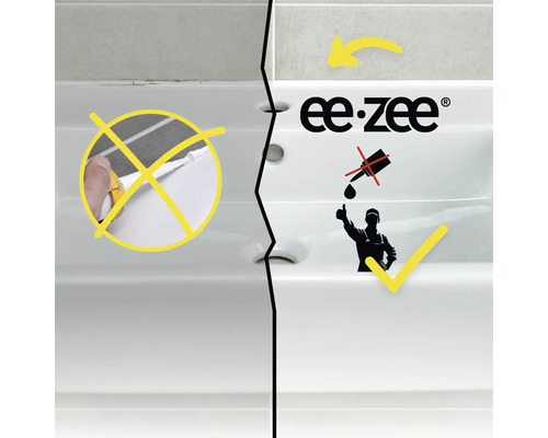 Vergleich der Waschbeckenmontage: links Abdichten mit Silikon, rechts ee-zee Logo und Symbole für Montage ohne Silikon.