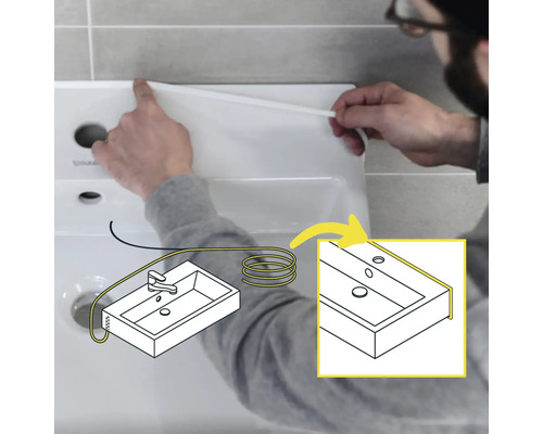Montage eines weißen Dichtungsbands an der Rückseite eines Waschbeckens mit schematischer Darstellung der Anwendung.