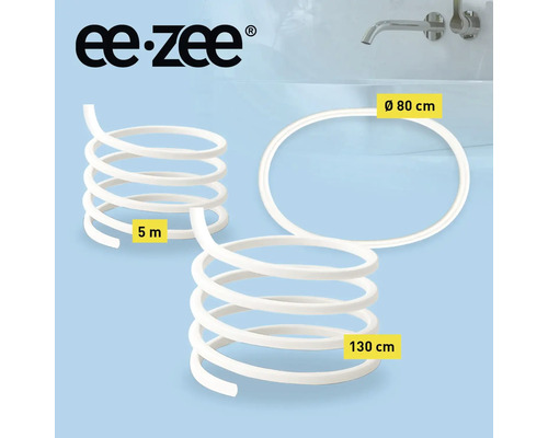 ee-zee Logo. Flexible Dichtungsleiste für Badewannen, 5 Meter Länge, formbar zu Kreisen mit Durchmessern von 80 und 130 Zentimetern.