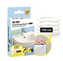 ee-zee Logo, Silikonfugenband für Waschtisch und Stand-Toilette, 130 Zentimeter, bekannt aus Die Höhle der Löwen, mit Verpackung und Anwendungsbeispiel.
