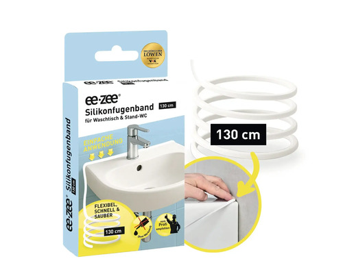 ee-zee Logo, Silikonfugenband für Waschtisch und Stand-Toilette, 130 Zentimeter, bekannt aus Die Höhle der Löwen, mit Verpackung und Anwendungsbeispiel.