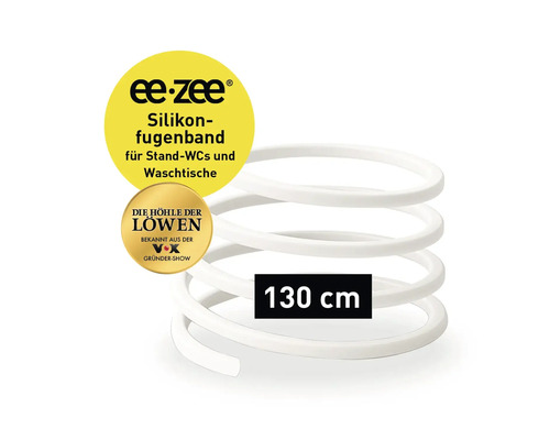 ee-zee Silikon-fugenband für Stand-WCs und Waschtische, Länge 130 Zentimeter, ee-zee Logo und Die Höhle der Löwen Logo.