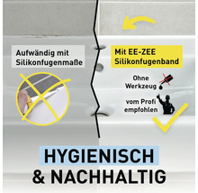 Vergleich zwischen Silikonfugenmasse und EE-ZEE Silikonfugenband am Waschbecken, Anwendung ohne Werkzeug, hygienisch und nachhaltig.