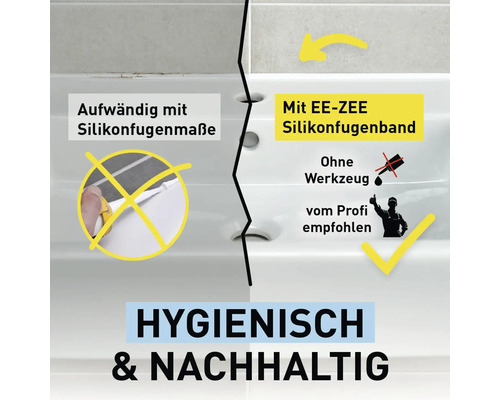 Vergleich zwischen Silikonfugenmasse und EE-ZEE Silikonfugenband am Waschbecken, Anwendung ohne Werkzeug, hygienisch und nachhaltig.