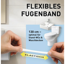 Flexibles Fugenband 130 Zentimeter lang für Waschbecken und Stand-Toiletten. Elastisches Material wird von Händen gedehnt.