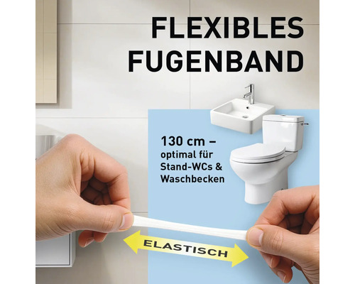 Flexibles Fugenband 130 Zentimeter lang für Waschbecken und Stand-Toiletten. Elastisches Material wird von Händen gedehnt.