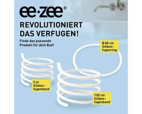ee-zee Logo, Silikon-Fugenband in 5 Meter und 130 Zentimeter Länge sowie Silikon-Fugenring mit 80 Zentimeter Durchmesser für das Bad.