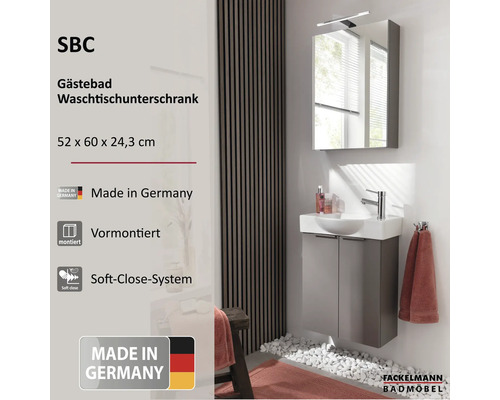 Helles Gäste-WC mit SBC Waschbeckenunterschrank in Grau, Waschbecken, Spiegelschrank, Beleuchtung, vormontiert, Soft-Close, Made in Germany.