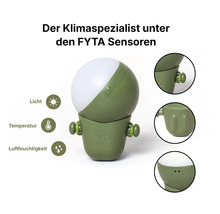 FYTA Klimasensor zur Messung von Licht, Temperatur und Luftfeuchtigkeit mit Detailansichten verschiedener Gehäuseteile.