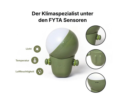 FYTA Klimasensor zur Messung von Licht, Temperatur und Luftfeuchtigkeit mit Detailansichten verschiedener Gehäuseteile.