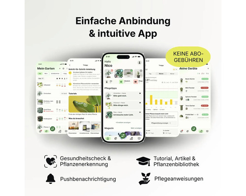 Smartphone mit App für Pflanzenpflege: Pflanzenerkennung, Pflegeanleitungen, Push-Benachrichtigungen und Tutorials ohne Abonnementgebühren.