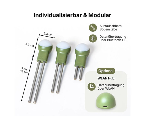 Modularer Pflanzen-Sensor mit austauschbaren Bodenstäben von 3 bis 35 Zentimeter, Bluetooth LE, optionalem WLAN-Hub. Breite 3,3, Höhe 5,9 Zentimeter.
