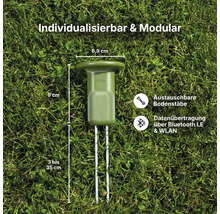FYTA Beam Pflanzensensor auf Rasen mit Maßen 6,9 mal 9 Zentimeter, Bodenstäbe 3 bis 35 Zentimeter, Bluetooth und WLAN Datenübertragung.