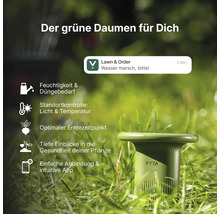 FYTA smarter Pflanzensensor im Rasen zeigt Funktionen wie Feuchtigkeitsmessung, Lichtkontrolle, Temperaturüberwachung und App-Anbindung.