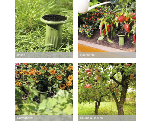 FYTA smarter Pflanzensensor in verschiedenen Anwendungsszenarien wie Rasen, Hochbeet, Gartenbeet sowie Bäume und Hecken.