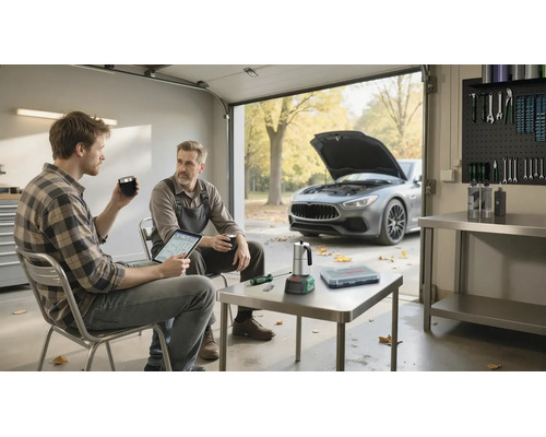 Zwei Männer an enger heller, organiséierter Garage beim Betruechte vun engem Tablet, am Hannergrond en Auto mat oppener Motorhaub an eng Geschierwand.